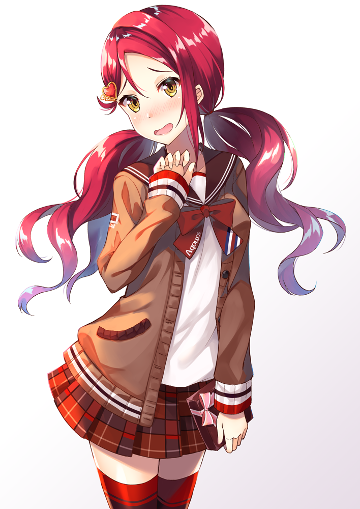 :d blonde_hair blush bow box cardigan gift gift_box hair_ornament hairclip holding holding_gift long_hair long_sleeves looking_at_viewer love_live! love_live!_sunshine!! low_twintails nose_blush open_cardigan open_clothes open_mouth pink_bow plaid plaid_skirt pleated_skirt red_bow red_hair red_legwear red_neckwear red_skirt sakurauchi_riko school_uniform serafuku shirt simple_background skirt sleeves_past_wrists smile solo syuurin thighhighs twintails white_background white_shirt zettai_ryouiki