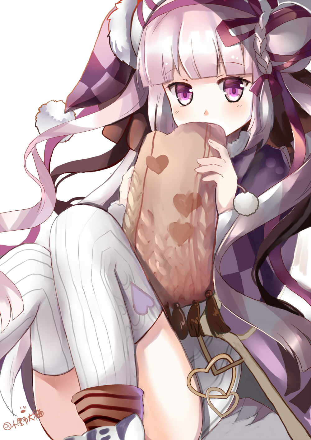 blush checkered checkered_hat commentary_request covered_mouth double_bun dress fingernails hairband haku_(p&amp;d) hat heart highres holding long_hair long_sleeves lunacats pink_hair purple_eyes purple_hairband purple_hat puzzle_&amp;_dragons ribbed_legwear ribbed_sweater side_bun simple_background solo sweater sweater_dress thighhighs twitter_username valentine very_long_hair white_background white_dress white_legwear