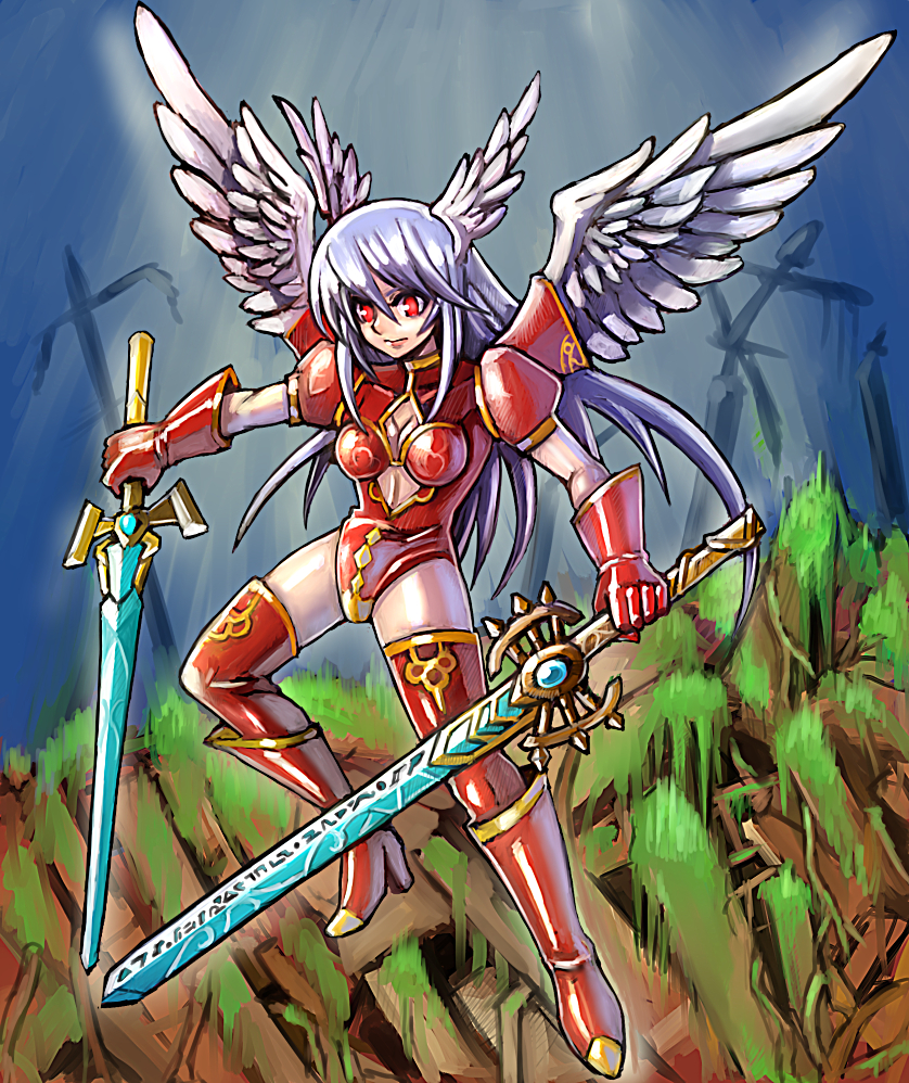 adapted_costume angel_wings bangs boots breasts cleavage cleavage_cutout closed_mouth commentary_request diamond_(shape) dual_wielding elbow_gloves feathered_wings feathers final_fantasy final_fantasy_tactics full_body gem gloves gold_trim hair_between_eyes head_wings high_heel_boots high_heels holding holding_sword holding_weapon legs_apart leotard lips long_hair midriff multiple_wings no_pupils oomasa_teikoku puffy_short_sleeves puffy_sleeves red_eyes red_footwear red_gloves red_legwear red_leotard short_sleeves sidelocks silver_hair small_breasts solo straight_hair sword thighhighs ultima_(fft) weapon white_wings wings zettai_ryouiki