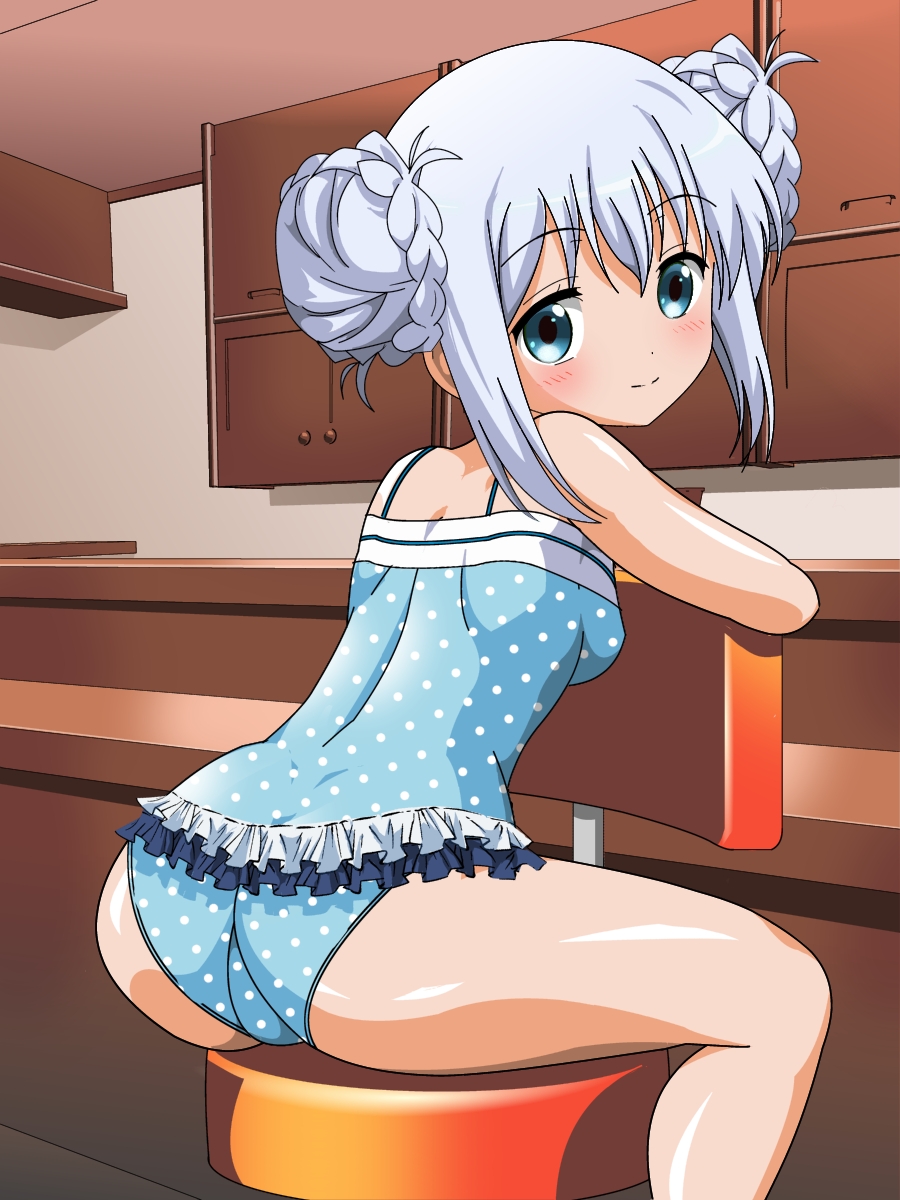 alternate_hairstyle ass blue_eyes blue_hair blush braid casual_one-piece_swimsuit chair cupboard double_bun gochuumon_wa_usagi_desu_ka? highres indoors kafuu_chino kororofu long_hair looking_at_viewer one-piece_swimsuit polka_dot polka_dot_swimsuit sitting smile solo swimsuit