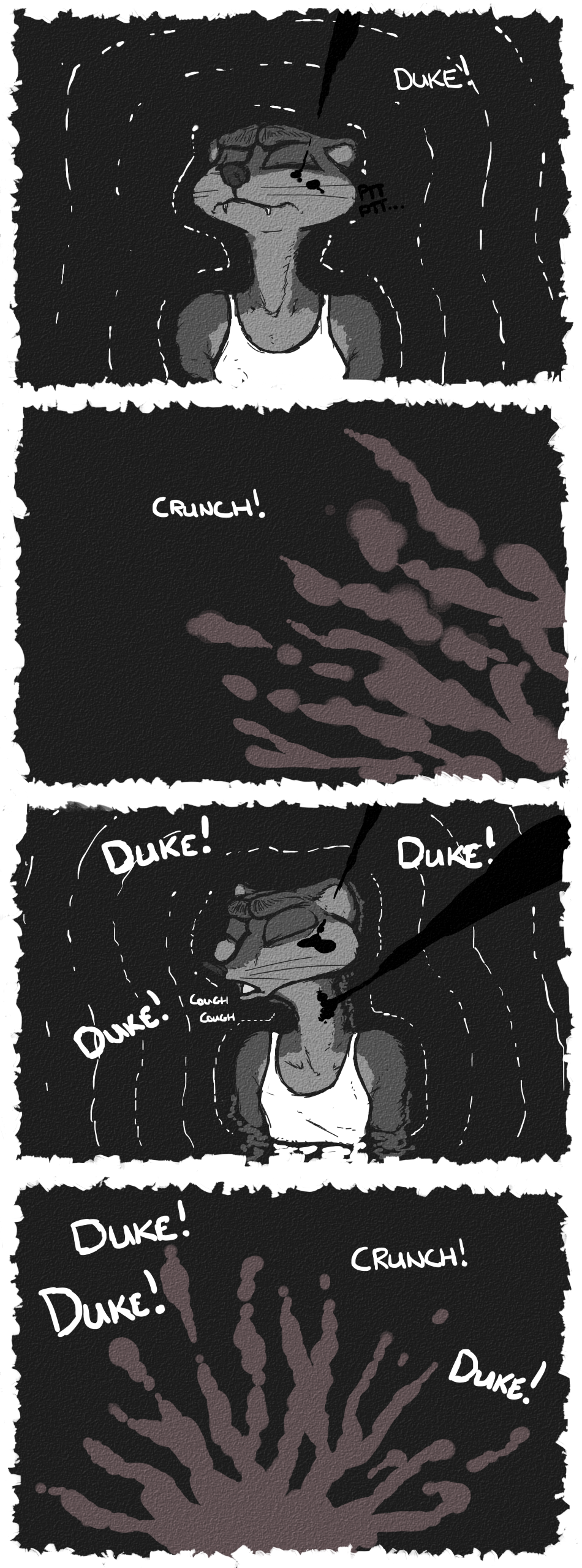 2018 anthro blood comic coughing dialogue disney dream duke_weaselton english_text eyes_closed fur greyscale luraiokun male mammal monochrome mustelid nightmare onomatopoeia sound_effects text water weasel zootopia