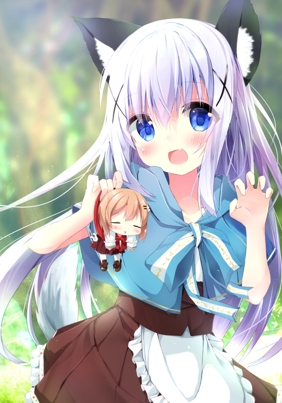 :d animal_ears apron bangs blue_capelet blue_eyes blurry blurry_background blush brown_skirt capelet chestnut_mouth claw_pose closed_eyes collarbone commentary_request day depth_of_field eyebrows_visible_through_hair fang frilled_apron frills gochuumon_wa_usagi_desu_ka? hair_between_eyes hair_ornament hairclip highres hood hooded_capelet hoto_cocoa kafuu_chino kouda_suzu light_brown_hair minigirl multiple_girls open_mouth outdoors parted_lips pleated_skirt purple_hair red_capelet shirt sidelocks skirt smile tail waist_apron white_apron white_shirt wolf_ears wolf_girl wolf_tail x_hair_ornament