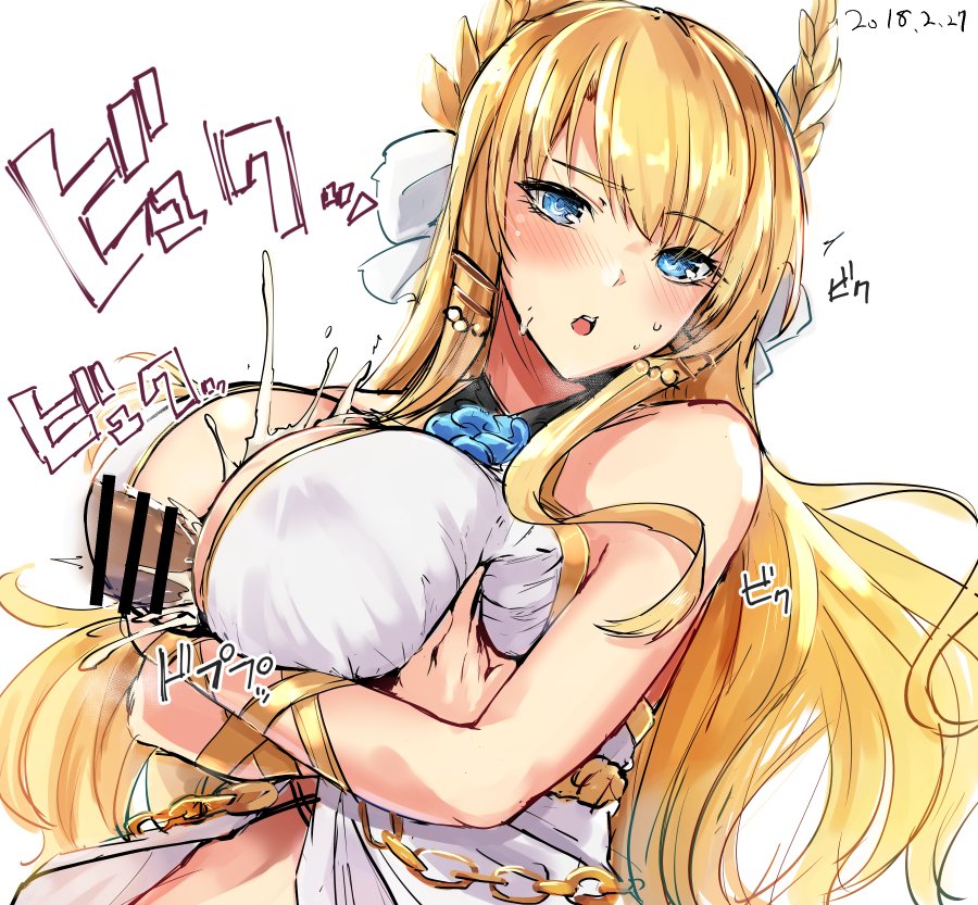 1girl azur_lane bangs bar_censor blonde_hair blue_eyes blush breast_squeeze breasts censored chain commentary_request crossed_arms cum cum_on_body cum_on_breasts cum_on_upper_body dated ejaculation_between_breasts eyebrows_visible_through_hair eyelashes floating_hair flower_ornament hair_ornament hetero kurokawa_otogi large_breasts laurel_crown long_hair looking_at_viewer open_mouth out_of_frame paizuri penis ribbon upper_body veil very_long_hair victorious_(azur_lane) wrist_ribbon