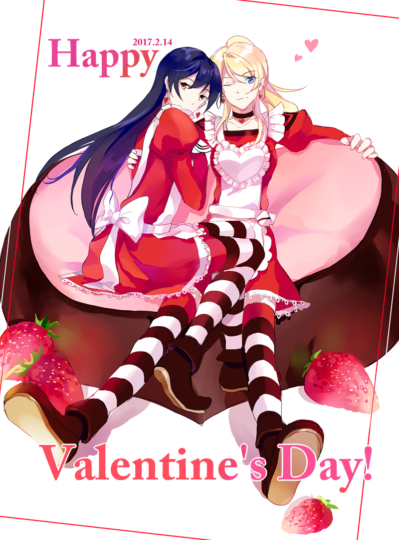 apron ayase_eli bangs blonde_hair blue_eyes blue_hair choker commentary_request dress earrings food fruit hair_between_eyes happy_valentine heart jewelry long_hair long_sleeves looking_at_viewer love_live! love_live!_school_idol_project multiple_girls one_eye_closed ponytail red_dress shen_yi sitting sonoda_umi strawberry striped striped_legwear thighhighs valentine yellow_eyes