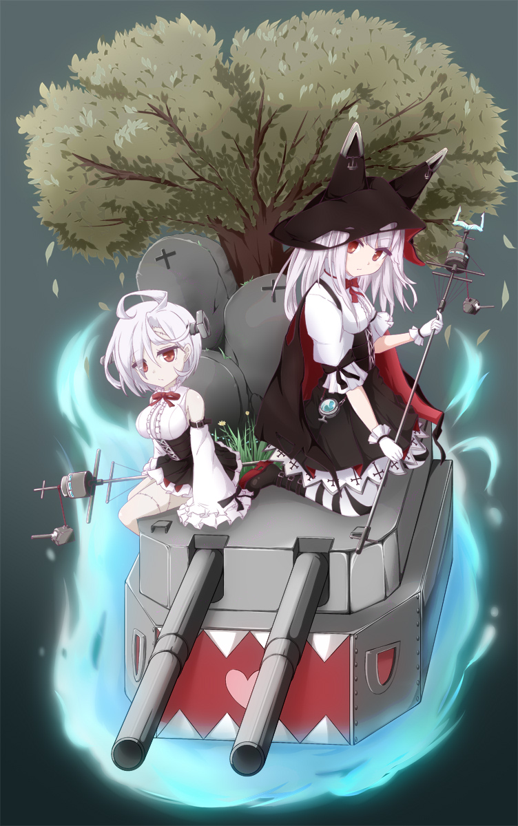 ahoge animal_hat azur_lane bare_shoulders black_hat black_legwear black_skirt bolt boots breasts brown_eyes cannon commentary_request detached_sleeves erebus_(azur_lane) gloves hat heart heart_in_mouth high-waist_skirt highres holding large_breasts long_hair long_sleeves looking_at_viewer medium_breasts multiple_girls pantyhose puffy_short_sleeves puffy_sleeves sharp_teeth shirt short_hair short_sleeves silver_hair skirt sleeveless sleeveless_shirt sleeves_past_wrists stitches striped striped_legwear suspender_skirt suspenders teeth terror_(azur_lane) tombstone torn_clothes torn_hat tree turret white_gloves white_hair white_shirt yamamoto_rintaro