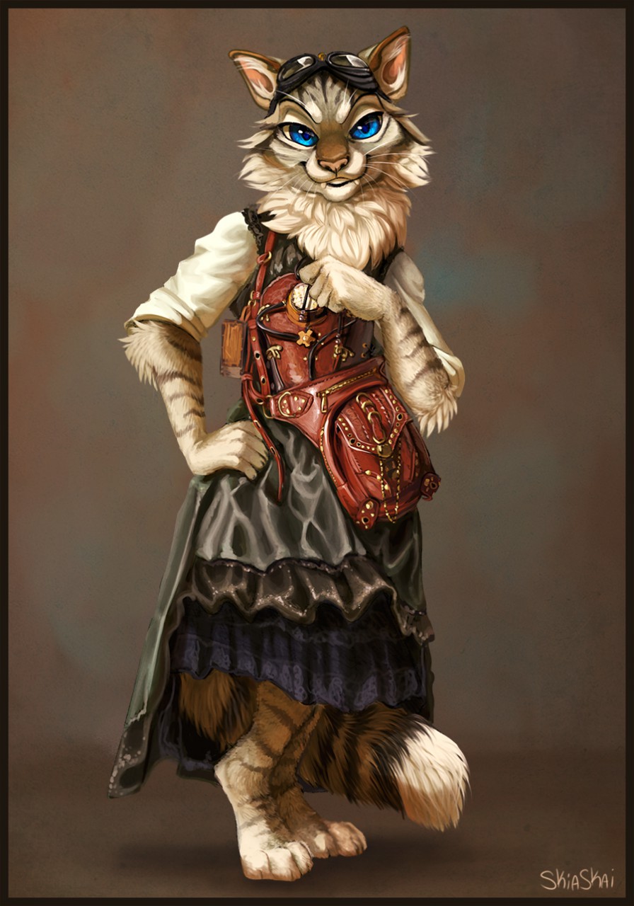 anthro bag blue_eyes cat chest_tuft clothed clothing digitigrade dress eyewear fangs feline female fluffy fluffy_tail fur goggles goggles_on_forehead grey_fur hand_on_hip mammal portrait skiaskai skirt solo standing steampunk striped_fur stripes tuft whiskers