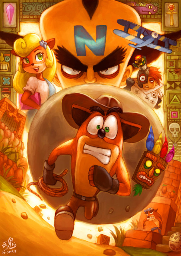 aku_aku anthro bandicoot blonde_hair clothing coco_bandicoot crash_bandicoot crash_bandicoot_(series) fake_crash female green_eyes hair hat human long_hair male mammal marsupial mask neo_cortex parody ponytail rope ry-spirit signature video_games