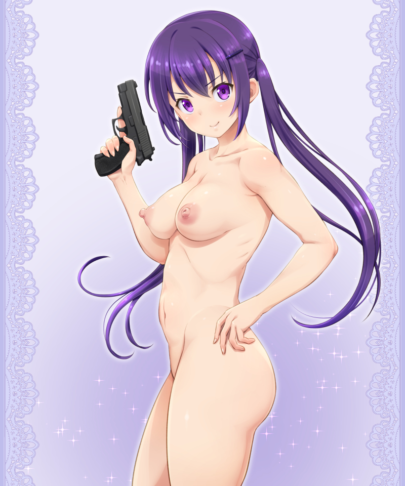 &gt;:) bangs blush breasts closed_mouth collarbone cowboy_shot eyebrows_visible_through_hair gochuumon_wa_usagi_desu_ka? gradient gradient_background gun hair_ornament hairclip hand_on_hip handgun holding holding_gun holding_weapon lace long_hair looking_at_viewer medium_breasts navel nipples nude pistol purple_background shikuta_maru sidelocks sig_sauer sig_sauer_p220 smile solo sparkle standing stomach tareme tedeza_rize thighs trigger_discipline twintails v-shaped_eyebrows weapon