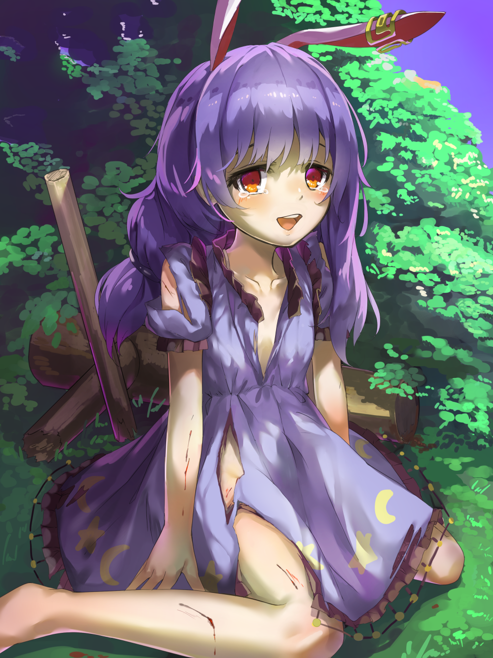 animal_ears arms_at_sides bangs blood_on_arm blood_on_leg blue_dress blue_hair braided_ponytail broken broken_weapon bunny_ears bush collarbone commentary_request crescent cuts day dress ear_clip extra_ears eyelashes foot_out_of_frame grass highres injury kine open_mouth outdoors piyodesu red_eyes seiran_(touhou) short_hair short_sleeves sitting solo star tearing_up torn_clothes torn_dress touhou wariza weapon