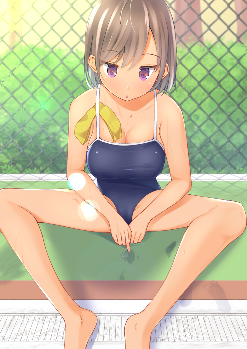 breasts cleavage collarbone competition_school_swimsuit in_swimsuit large_breasts moe2018 one-piece_swimsuit original purple_eyes school_swimsuit sitting solo spread_legs swim_cap swim_cap_removed swimsuit symfo