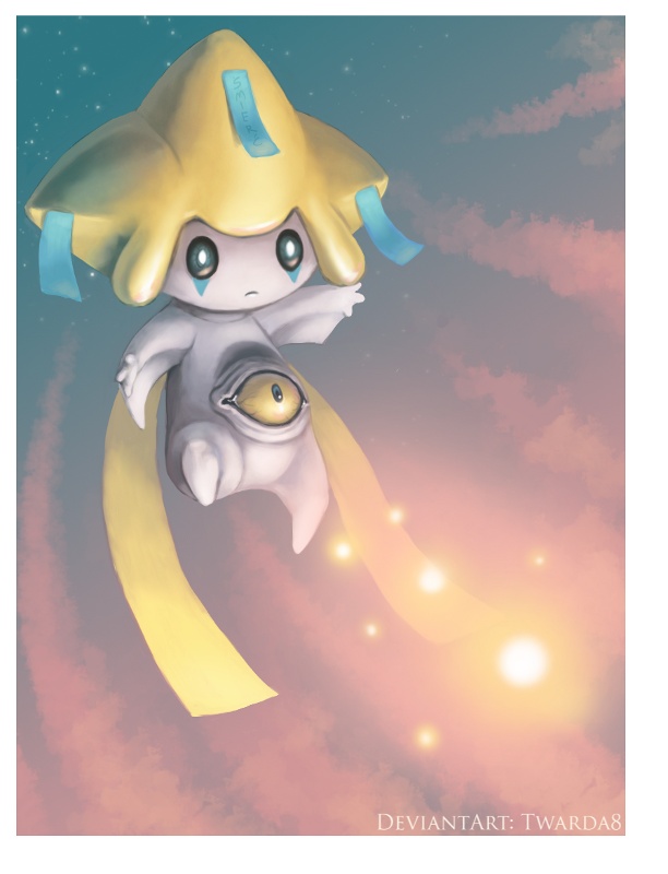 commentary creature deviantart_username expressionless floating from_below full_body gen_3_pokemon jirachi looking_down magic night night_sky no_humans outstretched_arms pokemon pokemon_(creature) signature sky solo star_(sky) starry_sky twarda8 watermark web_address white_skin