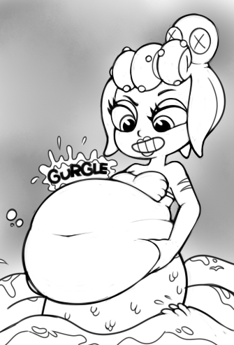 belly belly_squish big_belly bra breasts cala_maria cephalopod clothing cuphead_(character) cuphead_(game) female marine merfolk monochrome octopus overweight stomach_noises tentacle_hair tentacles underwear unknown_artist video_games vore water