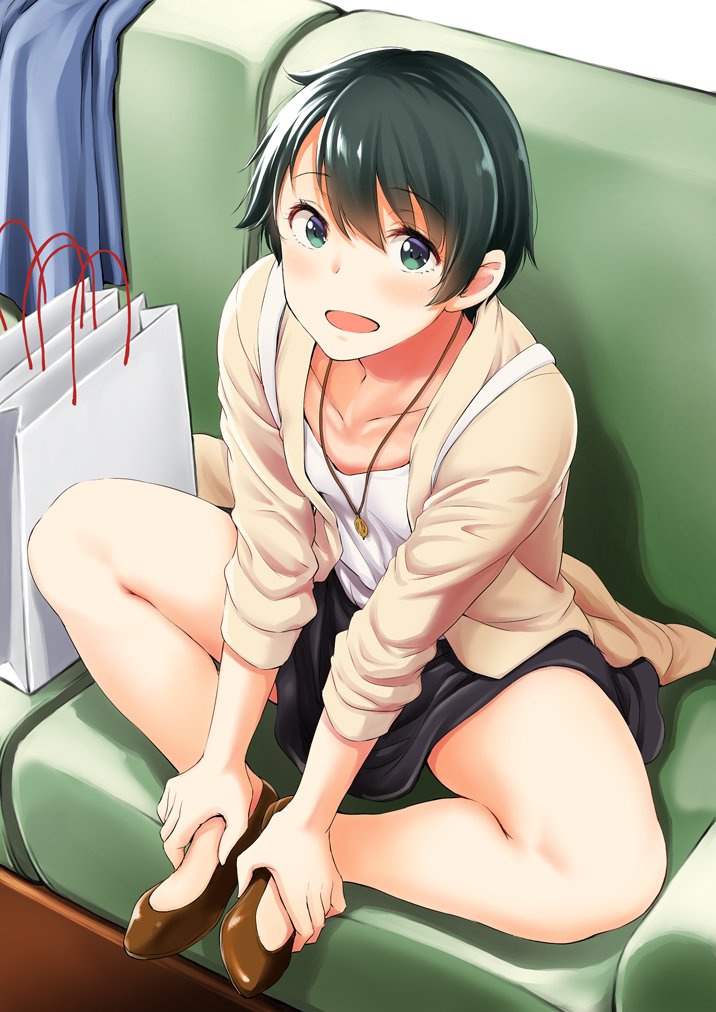 :d bag bangs bare_legs black_skirt blazer blush brown_footwear butterfly_sitting collarbone commentary couch eyebrows_visible_through_hair from_above green_eyes green_hair hands_on_own_feet jacket jewelry kantai_collection long_sleeves looking_at_viewer looking_up mogami_(kantai_collection) necklace no_socks on_couch open_clothes open_jacket open_mouth pendant shiny shiny_hair shirt shopping_bag short_hair sitting skirt sleeves_pushed_up smile solo spread_legs tareme white_shirt yammy yellow_jacket