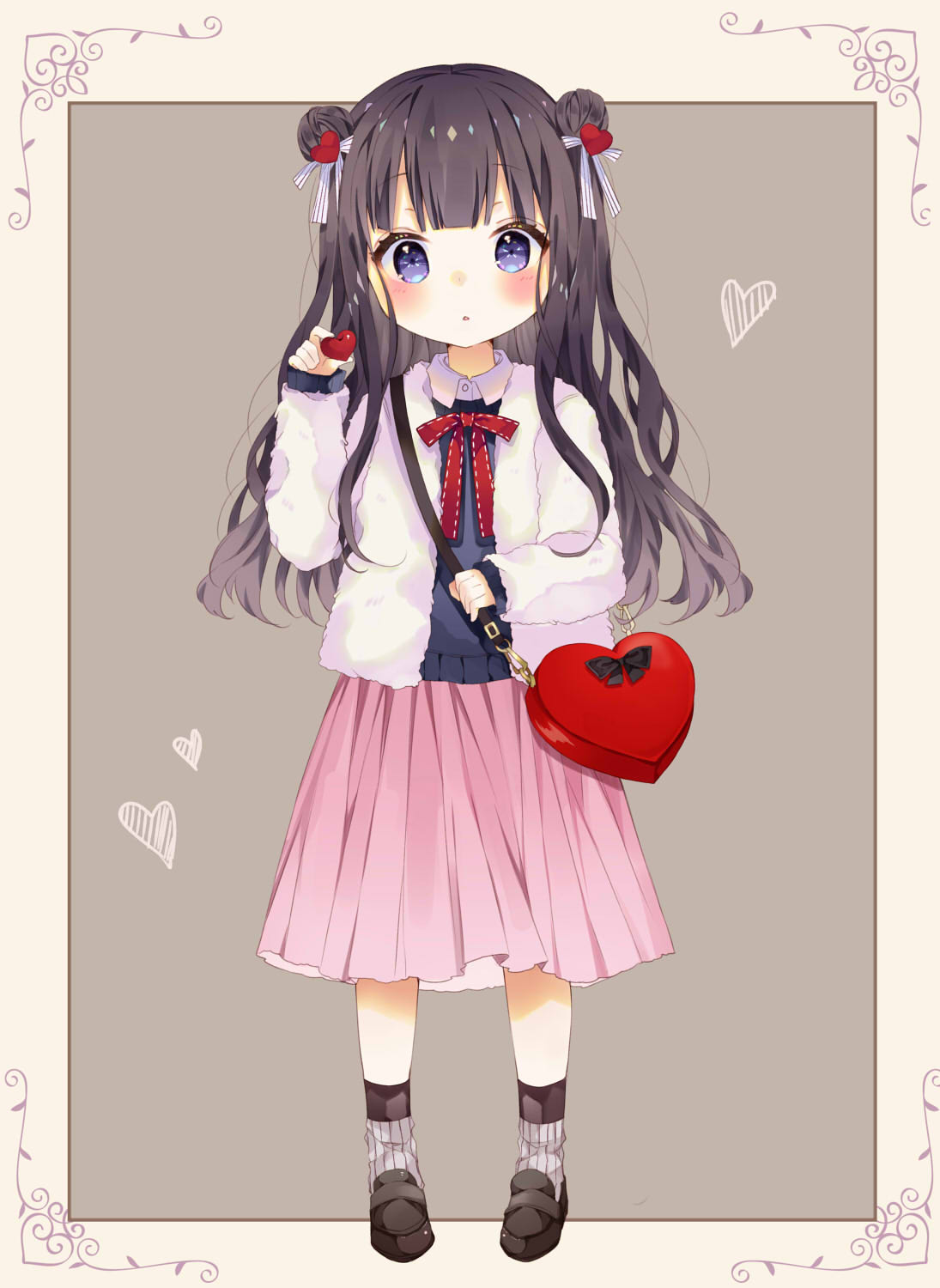 bag bangs black_footwear blue_cardigan blue_eyes blush brown_hair chico152 collared_shirt commentary_request double_bun eyebrows_visible_through_hair full_body hair_ornament head_tilt heart heart-shaped_bag heart_hair_ornament highres holding holding_heart jacket loafers long_hair long_sleeves looking_at_viewer loose_socks original parted_lips pink_skirt shirt shoes shoulder_bag side_bun skirt sleeves_past_wrists socks solo standing white_jacket white_legwear white_shirt