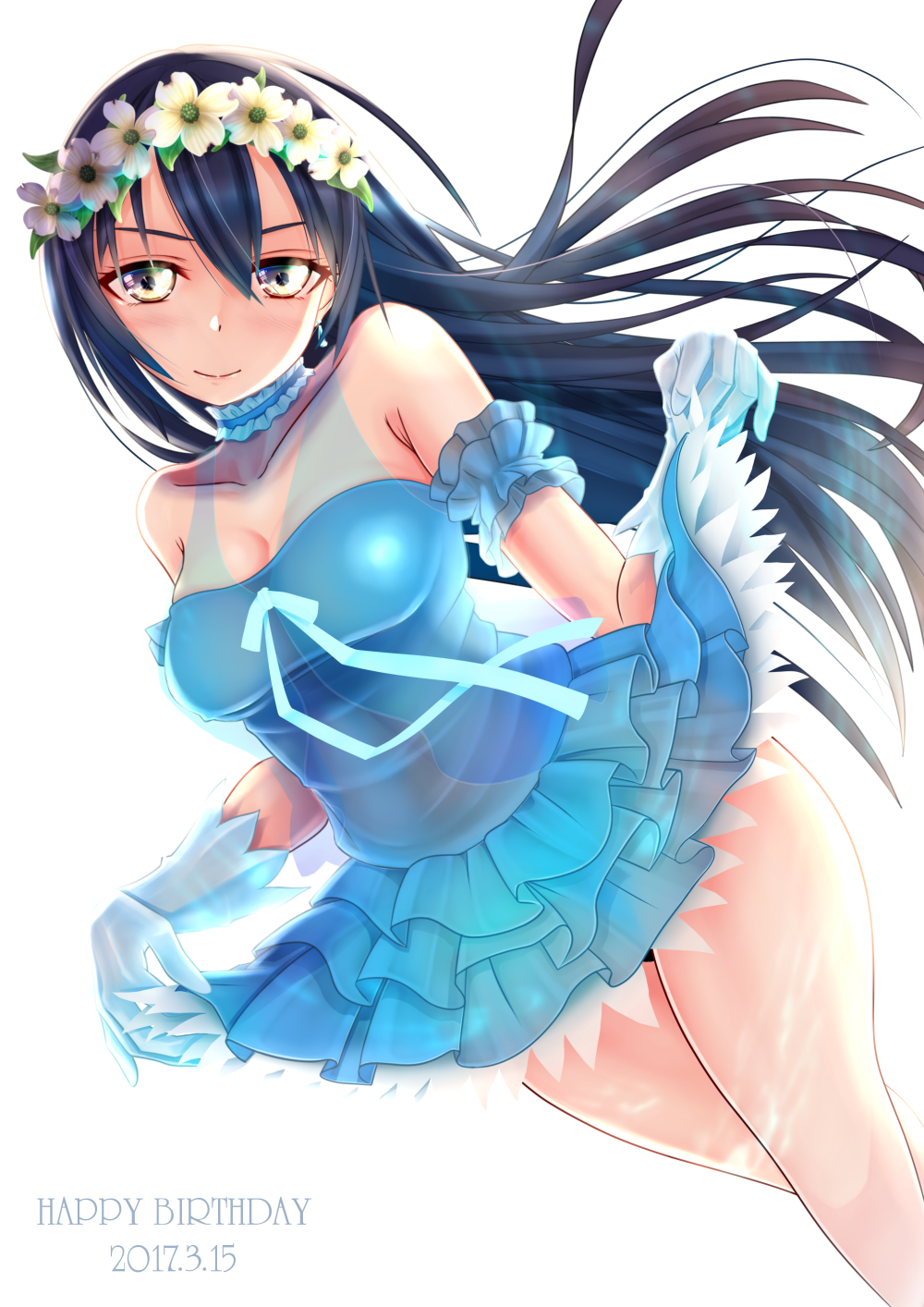 bangs bare_shoulders birthday blue_hair character_name choker commentary_request cowboy_shot dated dress earrings eyebrows_visible_through_hair flower gloves hair_between_eyes hair_ornament happy_birthday head_wreath highres jewelry long_hair looking_at_viewer love_live! love_live!_school_idol_festival love_live!_school_idol_project simple_background skirt skirt_hold smile solo sonoda_umi white_background white_gloves yellow_eyes yume_no_tobira zakuro0508