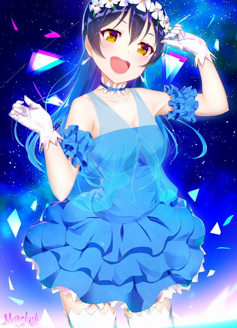 arm_up bangs bare_shoulders blue_hair blush choker commentary_request cowboy_shot dress earrings eyebrows_visible_through_hair flower gloves hair_between_eyes hair_ornament head_wreath jewelry long_hair looking_at_viewer love_live! love_live!_school_idol_project marshall_(wahooo) open_mouth smile solo sonoda_umi thighhighs white_gloves white_legwear yellow_eyes yume_no_tobira