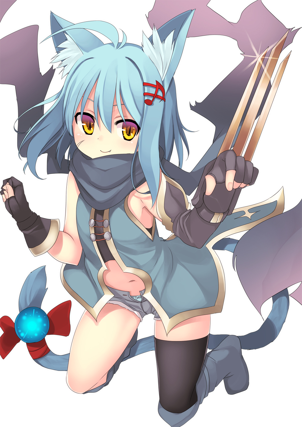 ahoge animal_ears bangs black_scarf blue_hair blue_panties blue_shirt blue_shorts bow bow_panties cat_ears cat_tail claw_(weapon) claw_pose commentary_request detached_sleeves eighth_note facial_scar fang hair_between_eyes highres kemonomimi_mode kneeling looking_at_viewer mahcdai medium_hair mismatched_sleeves musical_note musical_note_hair_ornament navel open_fly original panties planol_note red_ribbon ribbon scar scar_on_cheek scarf shirt short_shorts shorts simple_background single_thighhigh sleeveless sleeveless_shirt slit_pupils smile solo strapless tail tail_ribbon thighhighs torn_clothes torn_scarf tubetop unbuttoned underwear weapon white_background yellow_eyes
