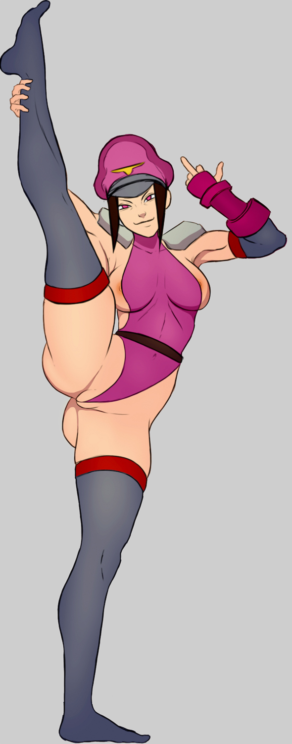 1girl artist_request asian ass black_hair breasts capcom cosplay curvy female han_juri hat legs_up leotard looking_at_viewer middle_finger no_bra partially_visible_vulva short_hair simple_background solo standing street_fighter thong_leotard vega vega_(cosplay)