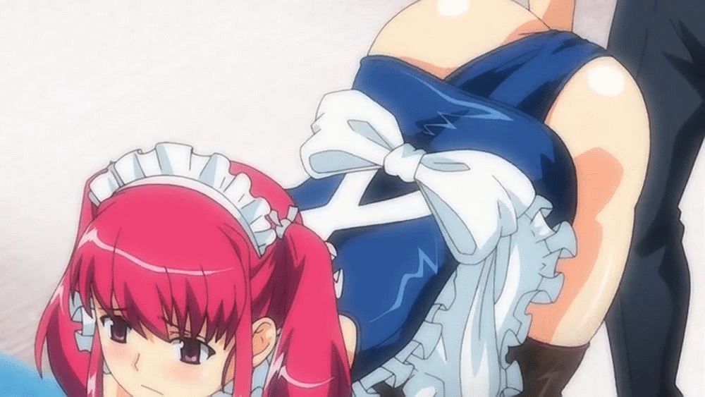 all_fours animated animated_gif apron ass ass_shake blush cosplay fingering maid_headdress natsumize_sukumi pink_eyes pink_hair red_hair school_swimsuit swimsuit teasing thighhighs thighs trembling tsundere_inran_shoujo_sukumi twintails vaginal