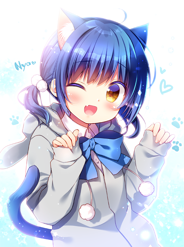 ;d animal_ears animal_hood backlighting blue_hair blush bunny_hood cat_ears cat_tail commentary extra_ears eyebrows_visible_through_hair fang gochuumon_wa_usagi_desu_ka? grey_hoodie heart hood hood_down hoodie jouga_maya kemonomimi_mode looking_at_viewer one_eye_closed open_mouth pom_pom_(clothes) sasai_saji short_hair short_twintails sleeves_past_wrists smile solo tail twintails upper_body yellow_eyes