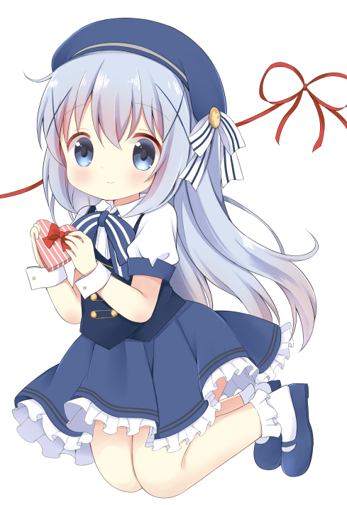 bangs beret blue_eyes blue_footwear blue_hair blue_hat blue_skirt blue_vest blush bobby_socks box chatsune_(white_lolita) closed_mouth collared_shirt eyebrows_visible_through_hair full_body gift gift_box gochuumon_wa_usagi_desu_ka? hair_between_eyes hair_ornament hat heart-shaped_box holding holding_gift kafuu_chino long_hair mary_janes puffy_short_sleeves puffy_sleeves red_ribbon ribbon shirt shoes short_sleeves sidelocks simple_background skirt socks solo valentine very_long_hair vest wavy_mouth white_background white_legwear white_shirt wrist_cuffs x_hair_ornament