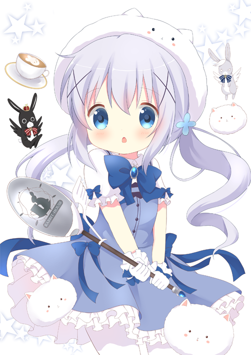 angora_rabbit animal animal_hat anko_(gochiusa) bangs blue_bow blue_dress blue_eyes blush bow brooch bunny bunny_hat character_hat chatsune_(white_lolita) coffee collared_shirt crown cup dress eyebrows_visible_through_hair frilled_dress frills gloves gochuumon_wa_usagi_desu_ka? hair_between_eyes hair_ornament hat holding holding_spoon holding_wand jewelry kafuu_chino latte_art long_hair magical_girl mini_crown pantyhose parted_lips puffy_short_sleeves puffy_sleeves saucer shirt short_sleeves sidelocks spoon star teacup tippy_(gochiusa) twintails very_long_hair wand white_background white_gloves white_hat white_legwear white_shirt wild_geese x_hair_ornament