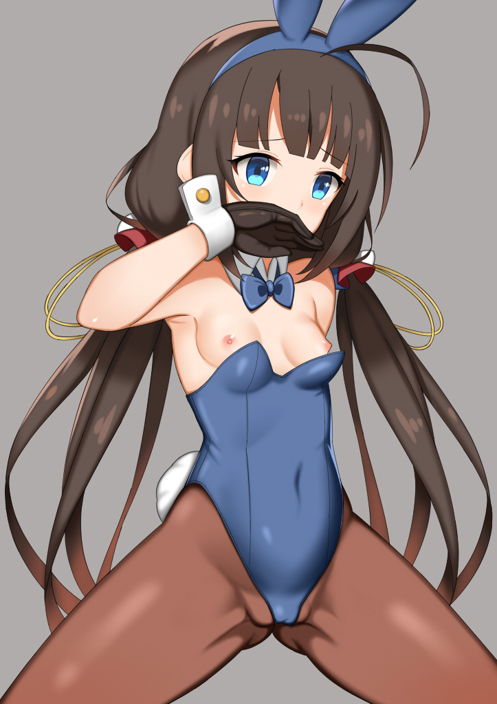 ahoge animal_ears armpits bangs bare_shoulders black_gloves blue_eyes blue_hairband blue_leotard blue_neckwear blunt_bangs bow bowtie breasts brown_hair brown_legwear bunny_ears bunny_girl bunny_tail bunnysuit cameltoe commentary_request covered_mouth detached_collar eyebrows_visible_through_hair fake_animal_ears gloves grey_background hairband hinatsuru_ai leotard long_hair looking_away looking_to_the_side low_twintails nipples pantyhose ryuuou_no_oshigoto! simple_background small_breasts solo strapless strapless_leotard tail toshishikisai twintails very_long_hair white_collar wrist_cuffs