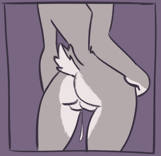 anthro border butt butt_shot countershading disney dripping faceless_female female fur grey_countershading grey_fur grey_tail hand_on_hip judy_hopps lagomorph mammal nude purple_background pussy rabbit rear_view short_tail simple_background solo standing starshippizza zootopia