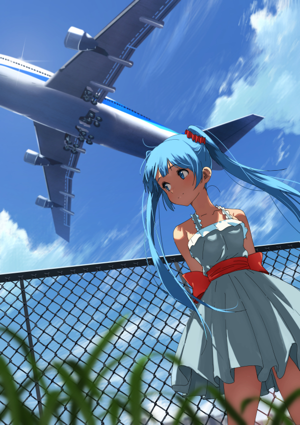 aircraft airplane bangs bare_shoulders blue_eyes blue_hair blue_sky blurry blurry_foreground blush bow chain-link_fence closed_mouth cloud collarbone commentary day depth_of_field domo1220 dress eyebrows_visible_through_hair fence from_below glint hair_ornament hair_scrunchie hatsune_miku long_hair looking_away looking_to_the_side outdoors red_bow red_scrunchie scrunchie sky sleeveless sleeveless_dress smile solo twintails very_long_hair vocaloid white_dress