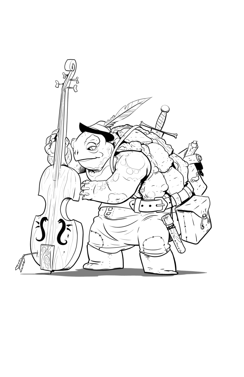 arrow backpack belt black_and_white boots cello clothed clothing dungeons_&amp;_dragons footwear hat melee_weapon monochrome musical_instrument pants reptile scalie scroll shell solo sword the-art-of-b topless tortle turtle weapon