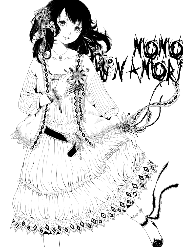 alternate_costume alternate_hairstyle ankle_ribbon black_hair bleach bracelet character_name dress eyelashes flower greyscale hair_flower hair_ornament hair_ribbon happy head_tilt hinamori_momo jewelry lips long_dress long_sleeves looking_at_viewer monochrome necklace ribbon rose shinigami shoes smile solo standing standing_on_one_leg sunflower yangyieva