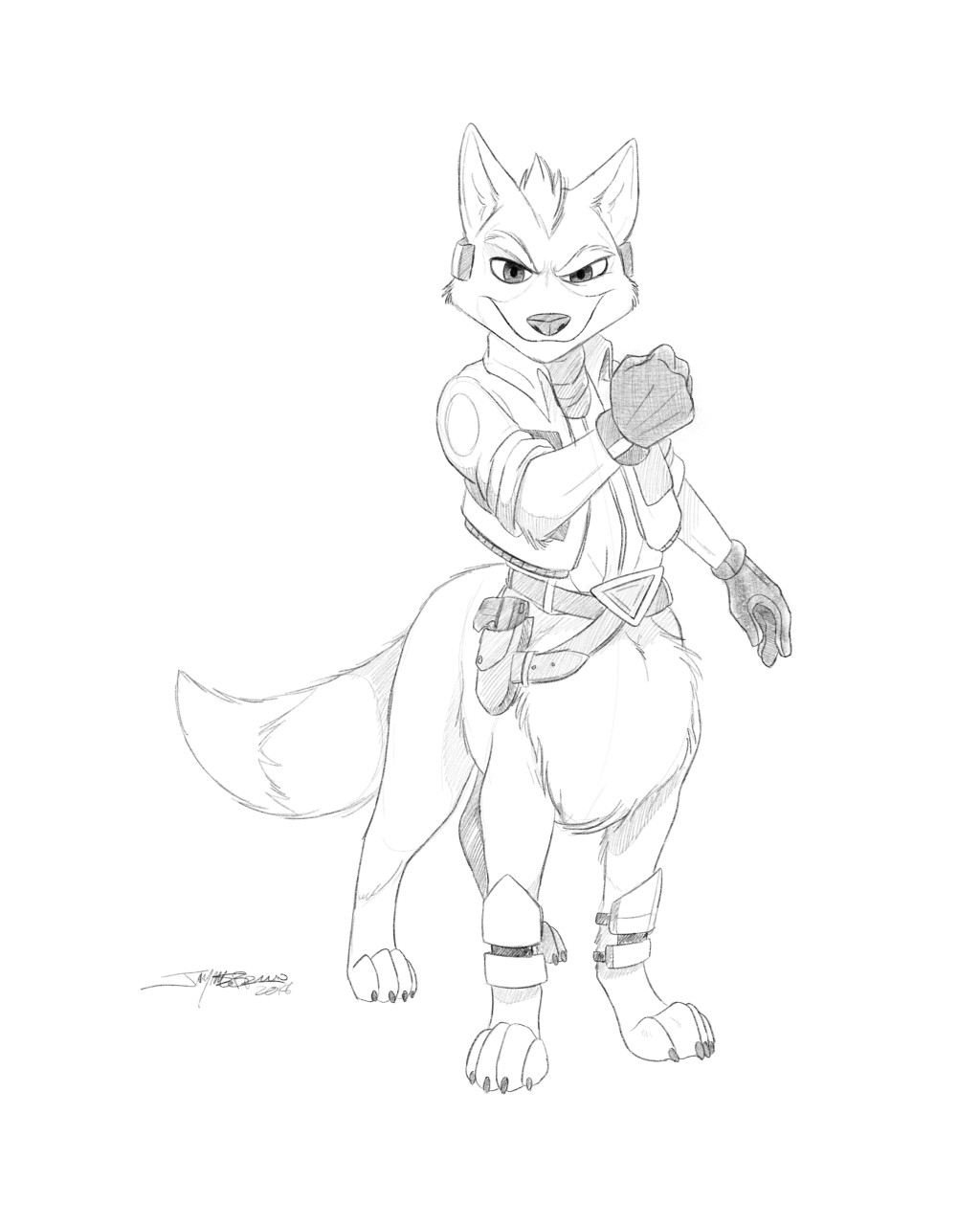 2018 5_fingers beastbehavior belt bottomless canid canid_taur canine canine_taur cheek_tuft chest_tuft claws clothed clothing eyebrows fist fluffy fluffy_tail foulard fox fox_mccloud fox_taur gloves jacket male mammal monochrome nintendo partially_clothed signature simple_background smile solo standing star_fox taur taurification tuft video_games white_background