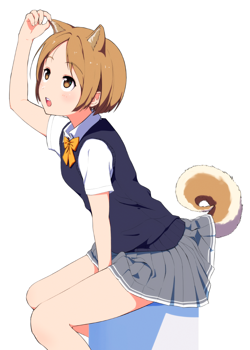 :o animal_ears between_legs blue_vest blush bow bowtie brown_eyes brown_hair collared_shirt commentary_request curled_tail dog_ears dog_tail eyebrows_visible_through_hair from_side grey_skirt hand_between_legs hand_up hi_iro highres looking_up open_mouth original pleated_skirt school_uniform shirt short_hair short_sleeves simple_background skirt solo tail tail_lift upper_teeth vest white_background white_shirt wing_collar yellow_neckwear