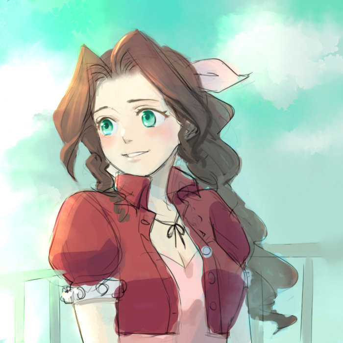 aerith_gainsborough bow braid breasts brown_hair cleavage commentary_request cropped_jacket dress final_fantasy final_fantasy_vii green_eyes hair_ribbon long_hair medium_breasts pink_bow pink_dress ponytail ribbon single_braid solo uboar
