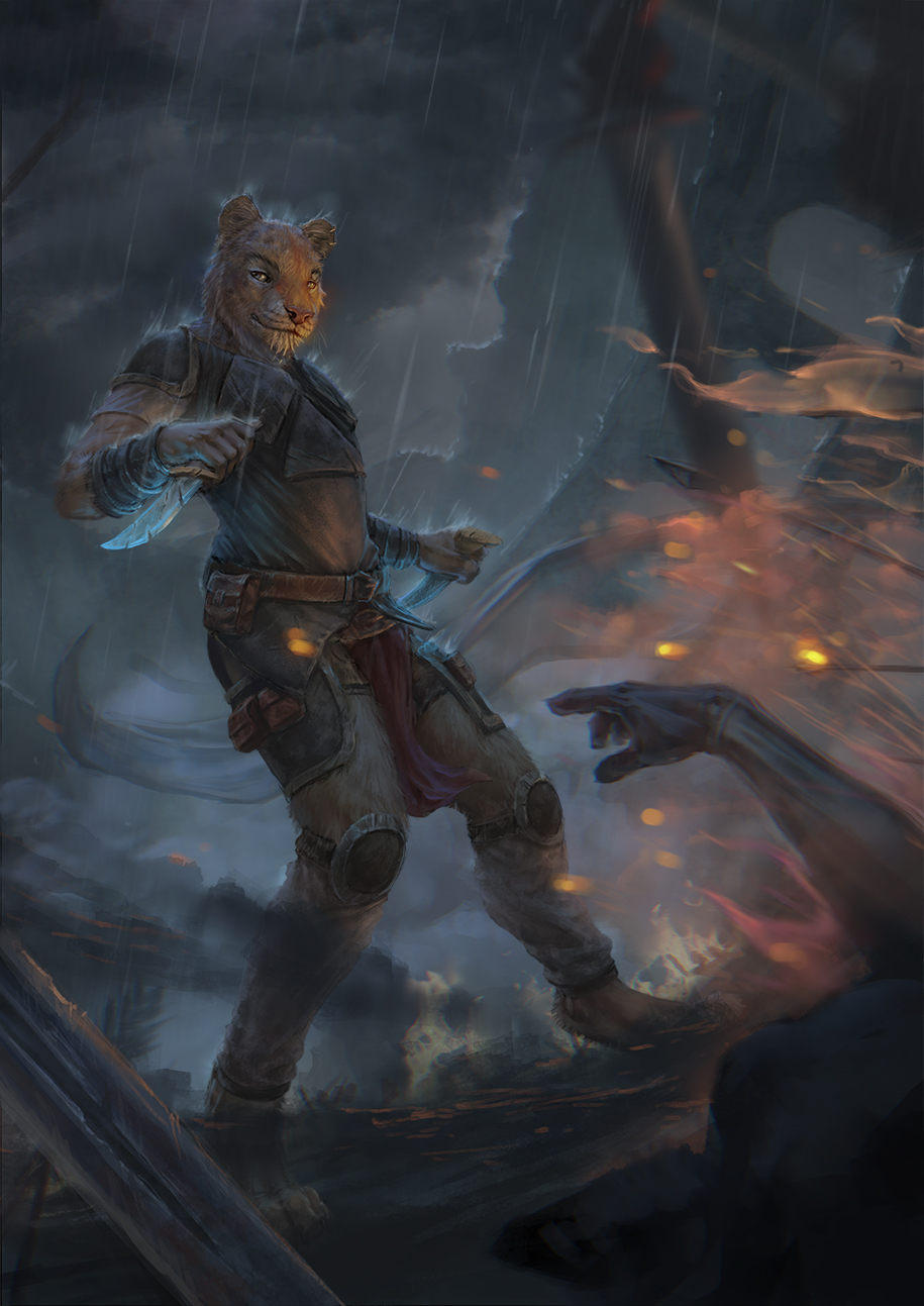 anthro armor body_armor clothed clothing digitigrade ear_piercing feline fire holding_knife holding_object holding_weapon knife latex_(artist) lion male mammal melee_weapon outside overcast piercing raining scar sky solo standing sword weapon