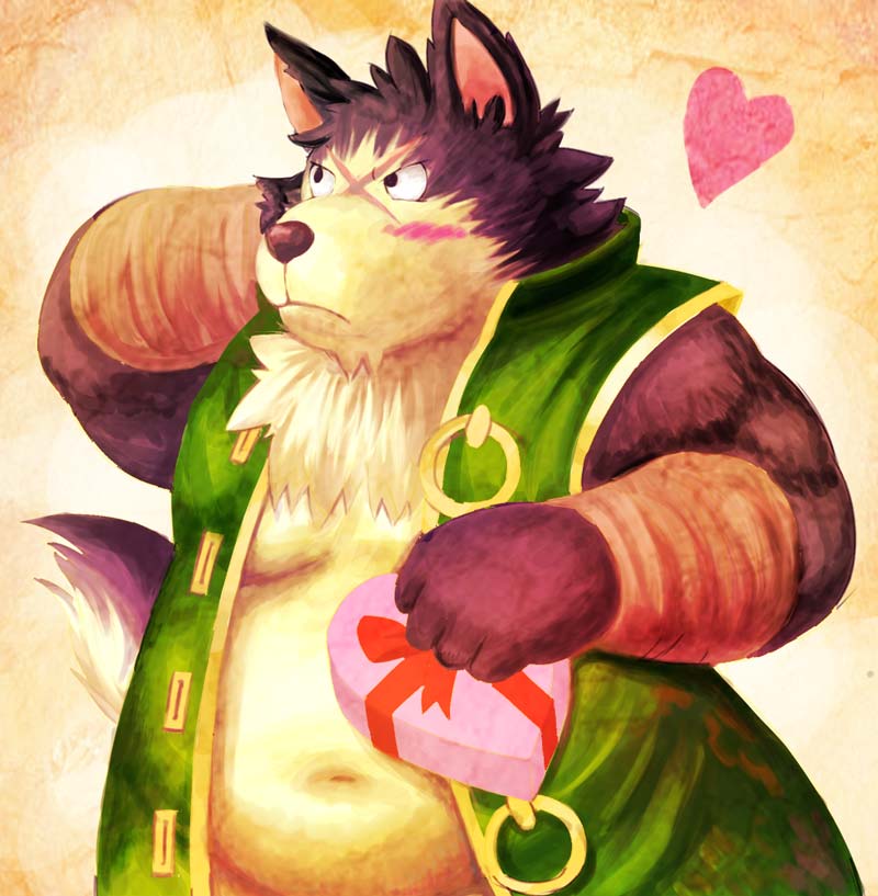 &lt;3 2010 anthro belly blush canid canine canis holidays humanoid_hands lako male mammal moobs navel overweight overweight_male rouen scar shining_(series) shining_force shining_wind simple_background solo valentine's_day video_games wolf