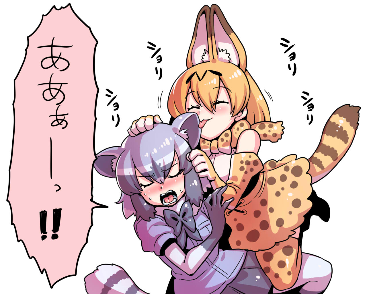 animal_humanoid armwear black_hair blonde_hair blush bow_tie brown_spots clothed clothing common_raccoon_(kemono_friends) dipstick_ears dipstick_tail duo elbow_gloves eyes_closed felid felid_humanoid feline feline_humanoid female female/female gloves grey_hair hair humanoid inner_ear_fluff kemono_friends legwear licking licking_ear mammal multicolored_hair multicolored_tail onomatopoeia open_mouth procyonid procyonid_humanoid raccoon_humanoid serval_(kemono_friends) serval_humanoid shirt short_hair skirt sound_effects spots spotted_legwear striped_tail stripes sweat sweatdrop teeth text tights tongue tongue_out tsuki_wani white_hair