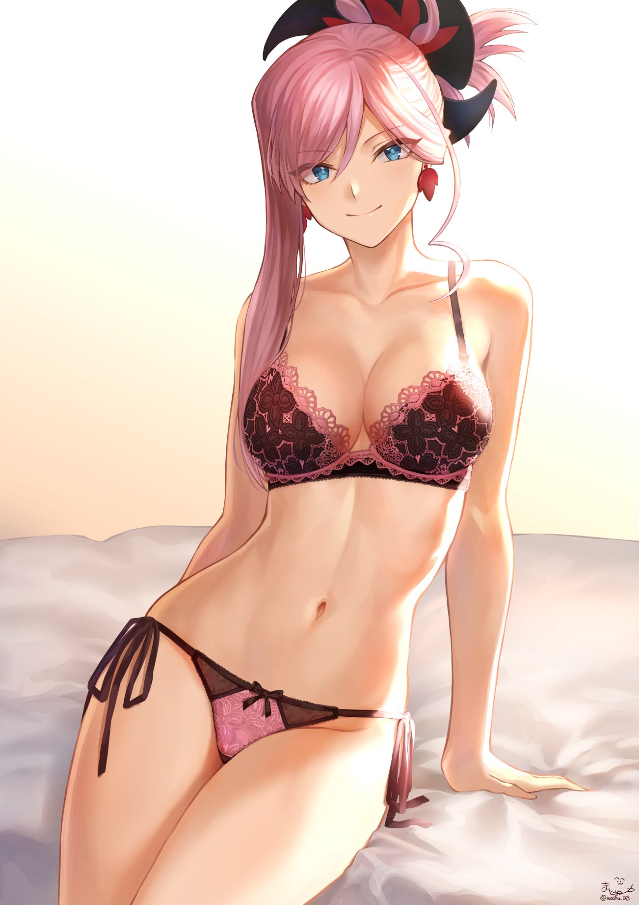 1girl artist_name bangs bare_shoulders black_bra blue_eyes blush bra breasts cleavage closed_mouth earrings fate/grand_order fate_(series) gradient gradient_background hair_ornament highres hips jewelry lace lace-trimmed_bra large_breasts long_hair looking_at_viewer mashu_003 miyamoto_musashi_(fate/grand_order) navel on_bed panties pink_hair pink_panties ponytail side-tie_panties signature sitting smile solo swept_bangs thighs underwear