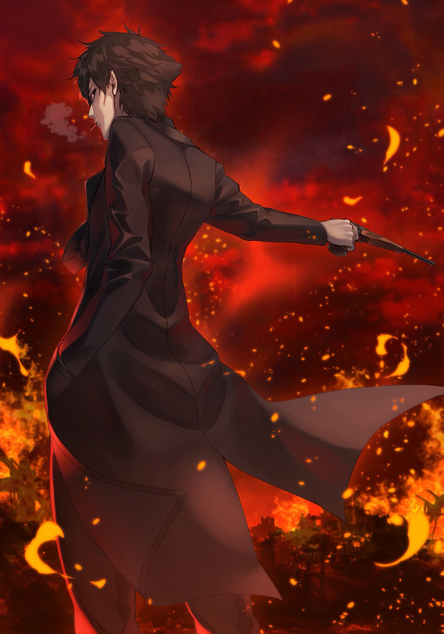 akamiso_(k074510) black_cape black_pants brown_hair cape cigarette emiya_kiritsugu fate/zero fate_(series) fire from_behind from_below gun hand_in_pocket handgun highres holding holding_gun holding_weapon male_focus outdoors outstretched_arm pants smoking solo standing thompson/center_contender weapon