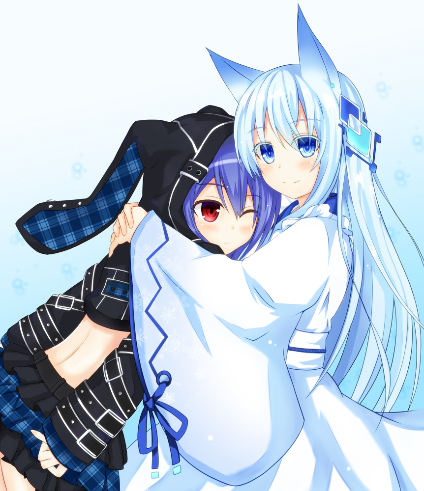 ;( animal_ears animal_hood back bangs belt black_skirt blue_background blue_eyes blue_hair blush bunny_ears bunny_hood closed_mouth colored_eyelashes commentary_request crop_top effole_(fairy_fencer_f) eyebrows_visible_through_hair fairy_fencer_f fox_ears from_side fuji_kakei gradient gradient_background hood hood_up hoodie hug japanese_clothes karin_(fairy_fencer_f) kimono layered_skirt leaning_forward long_hair long_sleeves looking_at_viewer looking_to_the_side miko minigirl multiple_girls obi one_eye_closed own_hands_together plaid plaid_skirt red_eyes ribbon-trimmed_sleeves ribbon_trim sash short_hair skirt sleeves_past_wrists smile straight_hair upper_body white_kimono wide_sleeves