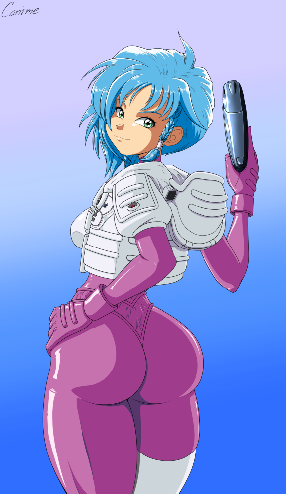 1girl aoi_karin ass blue_hair bodysuit braid breasts canime dna2 from_behind gloves green_eyes gun hand_on_hip huge_ass looking_at_viewer looking_back medium_breasts purple_bodysuit shiny shiny_clothes shiny_hair short_hair sideboob single_thighhigh smile solo weapon