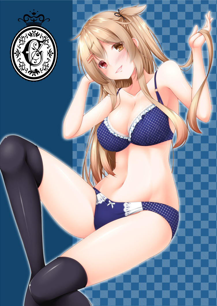 abs black_legwear blue_background blue_bra blue_panties bra breasts checkered checkered_background cleavage collarbone hair_flaps heterochromia kantai_collection large_breasts light_brown_hair long_hair looking_at_viewer murasame_(kantai_collection) narukami_ginryuu navel open_mouth panties red_eyes remodel_(kantai_collection) sitting solo thighhighs thighs two_side_up underwear yellow_eyes