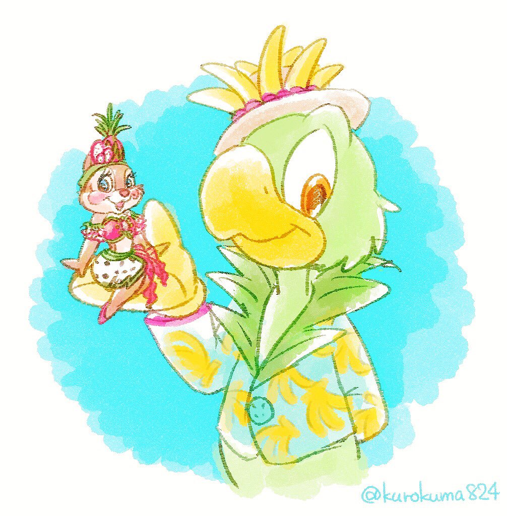 2016 anthro avian banana beak bird blue_background blue_eyes blush chipmunk clarice_(disney) clothing disney dress duo eyelashes feathers female food fruit fruit_hat fur gloves green_feathers hand_behind_back hat holding_character jos&eacute;_carioca kurokuma824 looking_at_viewer male mammal orange_eyes parrot pink_nose rodent shows simple_background sitting size_difference standing tan_fur the_three_caballeros white_background yellow_beak yellow_gloves