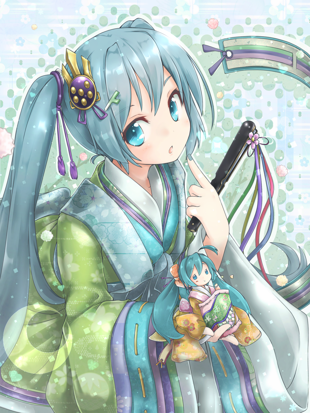 akino_coto aqua_eyes aqua_hair character_doll closed_fan commentary_request fan folding_fan hair_ornament hatsune_miku highres holding holding_fan japanese_clothes kimono layered_clothing layered_kimono long_hair looking_at_viewer md5_mismatch nail_polish open_mouth solo twintails vocaloid