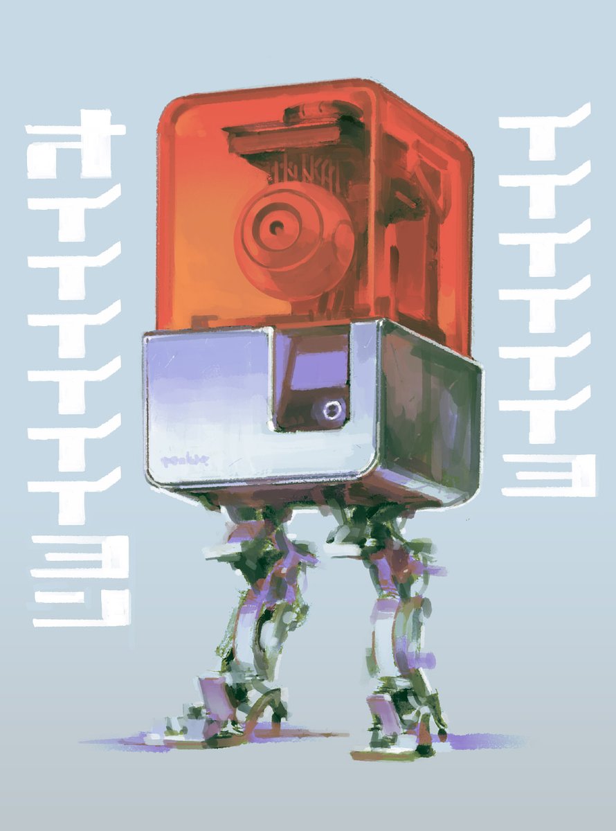 full_body grey_background highres jnt mecha no_humans original robot science_fiction shadow simple_background standing traditional_media translation_request
