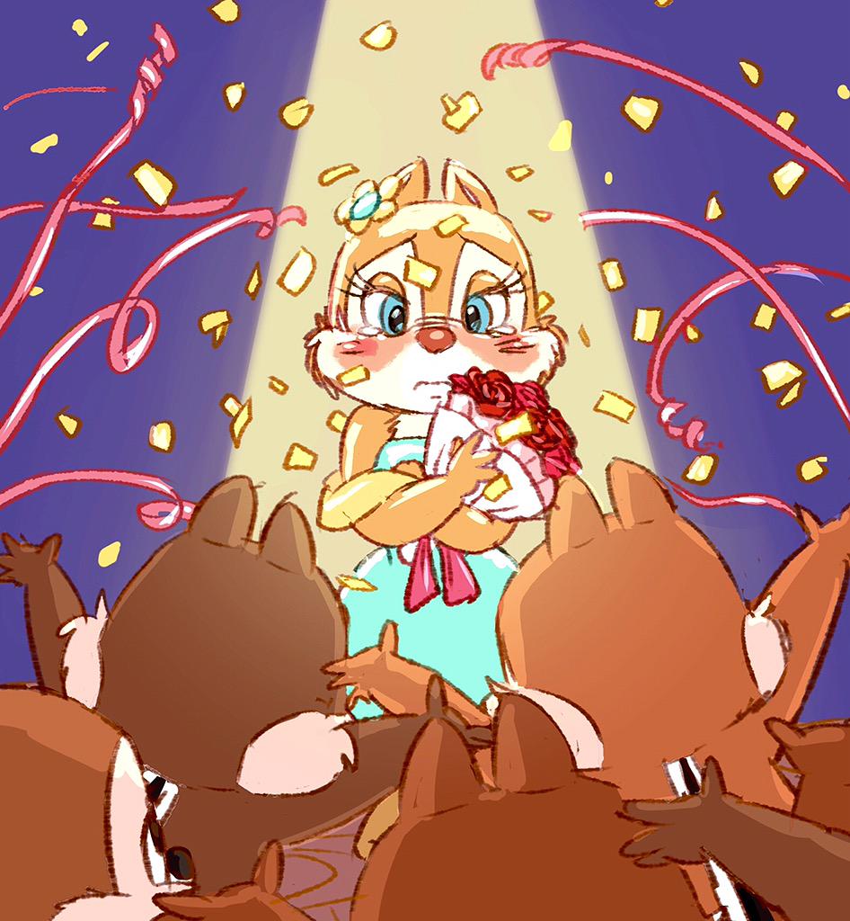2015 4_fingers anthro blue_eyes blush bouquet brown_fur chip_'n_dale_rescue_rangers chip_(cdrr) chipmunk clarice_(disney) clothed clothing confetti dale_(cdrr) disney dress eyelashes female flower fur group holding_object kurokuma824 male mammal nude plant purple_background raised_arm raised_inner_eyebrows red_nose rodent rose simple_background spotlight tan_fur tears