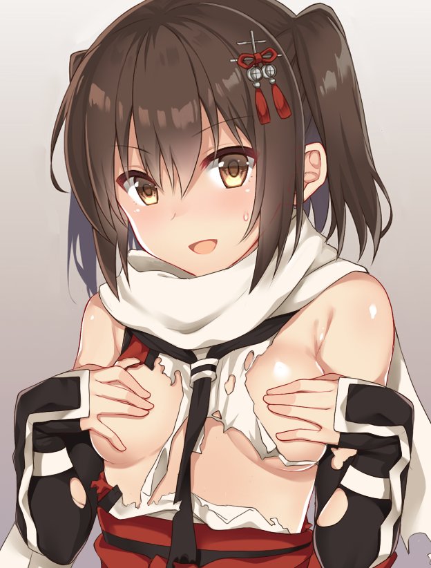 1girl black_neckwear breasts brown_eyes brown_hair commentary_request covering_nipples double-breasted gauntlets gradient gradient_background grey_background kantai_collection looking_at_viewer medium_breasts neckerchief open_mouth scarf school_uniform sendai_(kantai_collection) serafuku solo two_side_up upper_body white_scarf yuzuttan