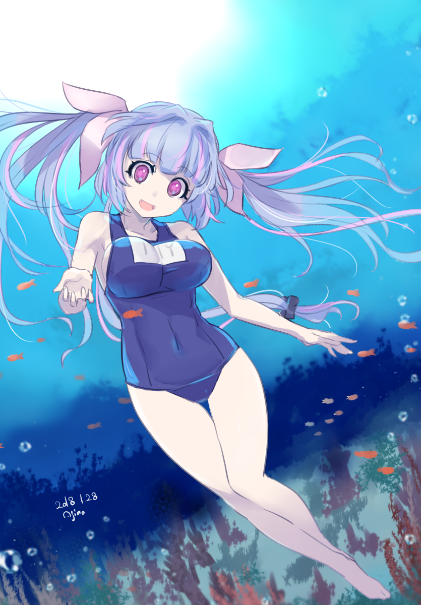 ajino_(sakanahen) blue_hair blue_swimsuit breasts coral freediving full_body hair_ribbon highres i-19_(kantai_collection) kantai_collection large_breasts long_hair looking_at_viewer name_tag one-piece_swimsuit red_eyes ribbon school_swimsuit solo swimsuit thigh_gap tri_tails underwater undressing