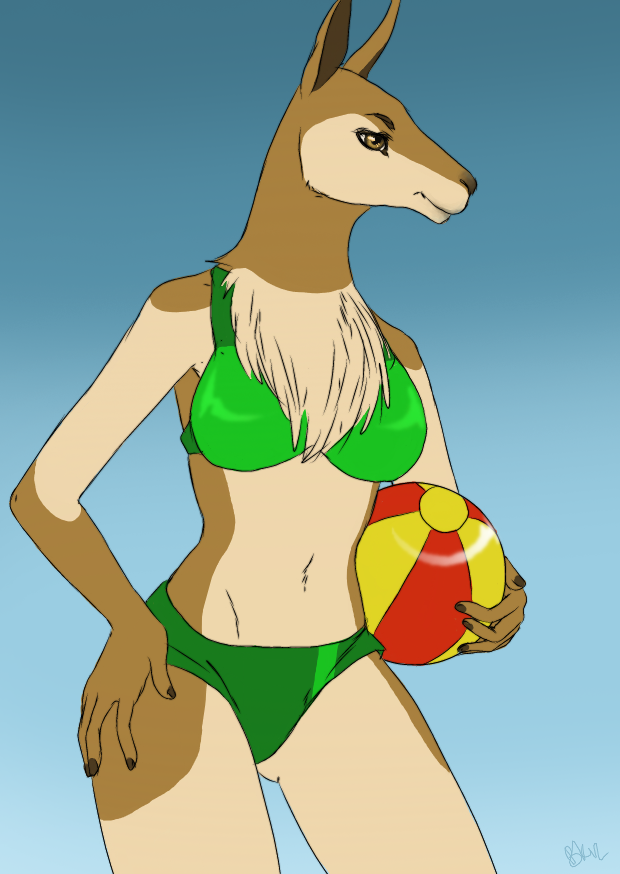 2012 anthro ball beach_ball big_breasts bikini biped blue_background breasts brown_eyes brown_fur brown_nails brown_nose butt_from_front camelid chest_tuft clothed clothing countershade_face countershade_legs countershade_torso countershading digital_drawing_(artwork) digital_media_(artwork) eyebrows female fur fur_tuft green_clothing half-length_portrait hand_on_hip holding_ball holding_object humanoid_hands lighting mammal midriff multicolored_fur navel noet portrait shadow simple_background skimpy small_waist smile snout solo standing swimsuit tan_countershading tan_fur tuft two_tone_fur vicu&ntilde;a