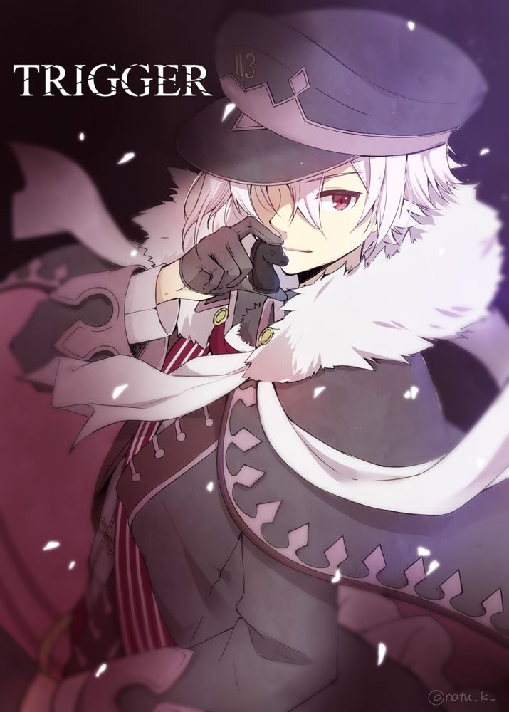 1boy black_gloves black_hat cape chess_piece fur-trimmed_cape fur_trim gloves group_name hair_between_eyes half_gloves hand_to_own_mouth hat hazuki_natsu holding idolish_7 jacket long_sleeves looking_at_viewer male_focus osaka_sougo petals purple_eyes sash solo upper_body white_hair
